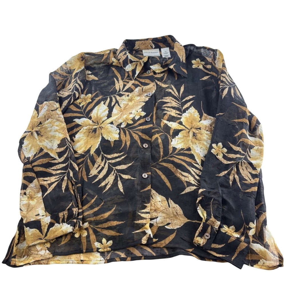 Alfred Dunner Womens 12P Petite Black Yellow Tropical Floral Button Down Blouse